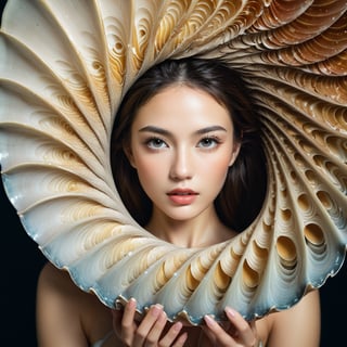 Realistic 16K resolution photography of from the base of the Nautilus shell's root-like structures along its twisted form to the tip of its spiral structure. Each image should capture the intricate details and textures present in this artwork while maintaining the surreal quality of combining marine and terrestrial elements, natural colored, accent on the face,
break, 
1 girl, Exquisitely perfect symmetric very gorgeous face, Exquisite delicate crystal clear skin, Detailed beautiful delicate eyes, perfect slim body shape, slender and beautiful fingers, nice hands, perfect hands, illuminated by film grain, realistic skin, dramatic lighting, soft lighting, exaggerated perspective of ((wide angle lens depth)),