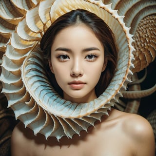 Realistic 16K resolution photography of from the base of the Nautilus shell's root-like structures along its twisted form to the tip of its spiral structure. Each image should capture the intricate details and textures present in this artwork while maintaining the surreal quality of combining marine and terrestrial elements, natural colored, accent on the face,
break, 
1 girl, Exquisitely perfect symmetric very gorgeous face, Exquisite delicate crystal clear skin, Detailed beautiful delicate eyes, perfect slim body shape, slender and beautiful fingers, nice hands, perfect hands, illuminated by film grain, realistic skin, dramatic lighting, soft lighting, exaggerated perspective of ((wide angle lens depth)),