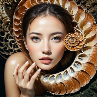 Realistic 16K resolution photography of from the base of the Nautilus shell's root-like structures along its twisted form to the tip of its spiral structure. Each image should capture the intricate details and textures present in this artwork while maintaining the surreal quality of combining marine and terrestrial elements, natural colored, accent on the face,
break, 
1 girl, Exquisitely perfect symmetric very gorgeous face, Exquisite delicate crystal clear skin, Detailed beautiful delicate eyes, perfect slim body shape, slender and beautiful fingers, nice hands, perfect hands, illuminated by film grain, realistic skin, dramatic lighting, soft lighting, exaggerated perspective of ((wide angle lens depth)),