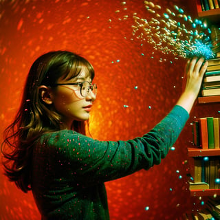 Realistic 16K photography of 1girl wearing glasses, reaching books from bookshelf. Each book glowing blue particles; books causing the particles to scatter lightly in the air. illuminated by film grain, realistic skin, dramatic lighting, soft lighting, exaggerated perspective of ((fisheye lens depth)),Analog signal glitch art style, color mosaic,