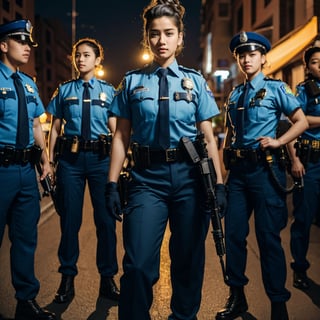 Realistic 16K resolution photography of The art of Weirdcore, a woman wearing Police uniform, long pants, updo hairstyle. art of collage in the style of gliched, multiple people doing thing. RAW. Cinematic, illuminated by film grain, realistic skin, dramatic lighting, soft lighting, exaggerated perspective of ((Wide-angle lens depth)),