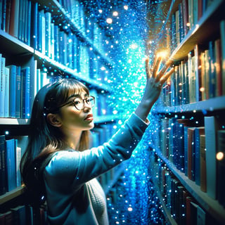 Realistic 16K photography of 1girl wearing glasses, reaching books from bookshelf. Each book glowing blue particles; books causing the particles to scatter lightly in the air. illuminated by film grain, realistic skin, dramatic lighting, soft lighting, exaggerated perspective of ((fisheye lens depth)),Analog signal glitch art style, color mosaic,