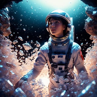 Realistic high resolution low angle view photography of 1girl wearing space suit, helmet, floating in the air, full_body, transparent background,
break, 
1 girl, Exquisitely perfect symmetric very gorgeous face, Exquisite delicate crystal clear skin, Detailed beautiful delicate eyes, perfect slim body shape, slender and beautiful fingers, legs, perfect hands, legs, illuminated by film grain, realistic style, realistic skin texture, dramatic lighting, soft lighting, exaggerated perspective of ((Wide-angle lens depth)),Fantasy,Galaxy,Astronauts,