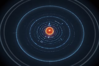 The interior of an atom, representing its nucleus and  electrons orbiting in concentric circles in a flat plane. Electrons moving as quantum particles an waves. 
Side tilted view. 

 realistic, with many details.