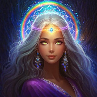 portrait of Celestial Being, power of life, supreme queen, halo of colorful lights, royal queen robe, female, happy, very beautiful, beautiful eyes, welcoming, transparent beautiful hair, (glowing silver eyes:2), ((strong inner light)), glowing, rainbow color aura, majestic, magnificent, detailed texture, levitating, various poses, fantasy, masterpiece, best quality, ultra quality,    dark sky, ,Magical Fantasy style