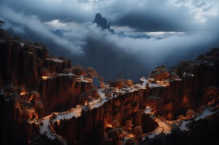 BJ_Ancient_city, outdoors, sky, cloudy, misty,tree, no_humans, night, realistic moon, building, night_sky, scenery, full_moon, stairs, mountain, architecture, middle east architecture, cinematic lighting,strong contrast,high level of detail,Best quality,masterpiece,,