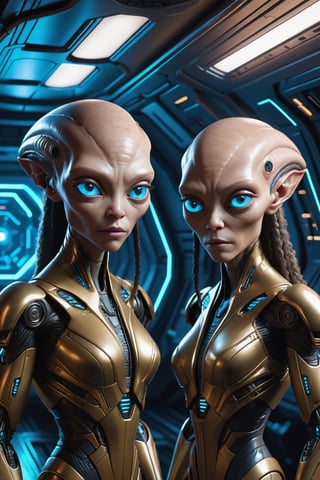 Portrait of two cloned Zeta Reticulan aliens within a spacious spaceship, big heads and eyes, detailed eyes and faces, advanced futuristic ship designs and tools, soft lighting, best picture, ,cyberpunk style