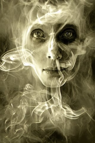 digital painting, ethereal, artist painting, girl, calm, ((beautiful face)), ((smoke over all body)), shoulder level, ,(PnMakeEnh),smoke, ethereal, Detailedface