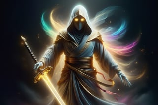 an ornate ghost with light brown color, kind gesture, faceless with gold glowing eyes, strong body, wearing a hooded robe and holding a colorful sword, mysterious, 