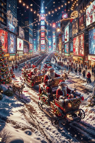 santa claus, on sleigh drawn by reindeers, attempt landing on Times Square street New York, cinestill, snow raining, ChristmasWintery