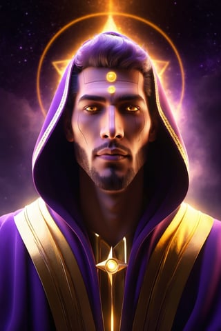 various shot, fantasy Celestial Being, handsome, beautiful face, welcoming, neat hair, wearing robe, glowing gold eyes, inner light, glowing, violet aura, detailed texture, levitating, masterpiece, best quality, ultra quality,    dark sky, 