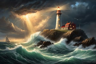 "A dramatic scene with a towering lighthouse on a rocky cliff, illuminated by a powerful beam of light cutting through a dark, stormy sky. The lighthouse lamp is intensely bright, casting a strong light that pierces through the darkness and highlights the jagged rocks and crashing waves below. Waves crash violently against the rocks, and a distressed ship battles the turbulent sea. The image features intense chiaroscuro lighting, with stark contrasts between light and dark areas, creating deep shadows and bright highlights. The lighthouse stands as a beacon of light amidst the darkness, casting long shadows across the scene. The background is filled with dramatic clouds, adding to the sense of intensity and depth. Visible brush strokes and a painterly texture enhance the dramatic atmosphere. The overall mood is one of suspense and power, with dynamic elements like the waves and clouds adding to the sense of motion and energy."