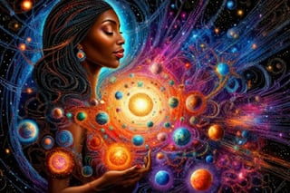 (masterpiece, best quality, ultra-detailed:1.2), a colorful black mother create the universe, dark background