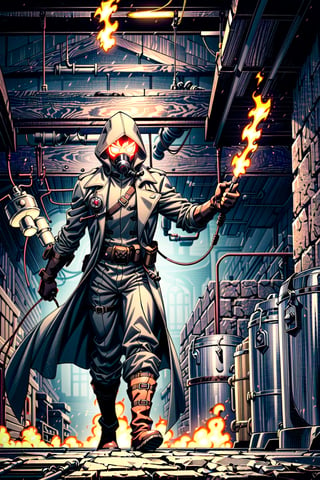 solo man, gray chestplate with pressure gauges and pipes, iron gas mask concealing face, grey iron boots, ((open crimson colored trench coat with hood)), glowing red eyes, massive mechanical gauntlet worn on right hand with dangling wires and a pressure gauge, black pants, fuel barrel strapped to back, holding blowtorch in left hand, menacing tone, dynamic pose, facing viewer, advancing, looking down, fantasy steampunk factory interior setting, conveyor belts in background, dungeons and dragons character style, midnight, dim lighting, shadows, darkness

five fingers, perfect hands, best quality, masterpiece, beautiful,4k