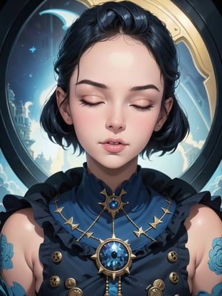 masterpiece, best quality, Lofi upper body, digital painting, HDR, Pixar style Painting by Joe Fenton, Stanley Artgerm, Tom Bagshaw, Tim Burton,closed_eyes, close_eyes, sleep_expression, (eyes closed) foreshortening, extremely detailed 8K, high resolution, ultra quality, highly detail eyeslids, highly detail mouth, closed_eyes, close_eyes, highly detailed face,  hd, 2k, 4k, 8k, 16k