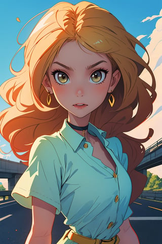 Anime style portrait head to waist, clear brushstrokes, clear lines, vivid colors, sharp image, Beautiful young woman, straight long blonde hair, choker necklace with a lock on it, short tight yellow top, unbuttoned reneissance art patterned short-sleeve shirt wide open in the wind with a yellow short top underneath, naked belly, hourglass body figure, light brown cargo pants with a belt. carefree expression, In the middle of a road on a huge bridge, wind blows, golden hour sunshine, bright yellow highlights, yellow sun rays, clear blue sky, lens flare, light leaks, flim photography aesthetic, anime style digital drawing, masterpiece, high quality artwork, high resolution,