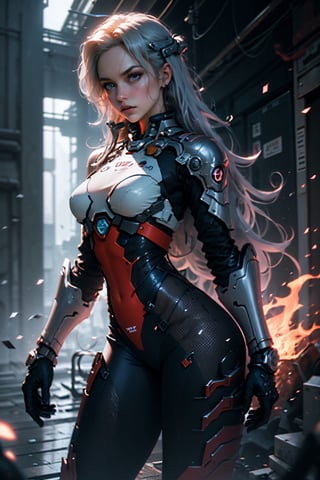 (((Young Woman))), ((Best Quality)), ((masutepiece)), (Detailed: 1.4), (Absurd), 35-year-old adult woman with Simon Bisley-style micro thong, Genesis evangelion neon style clothing, 2-piece clothing, Long silver hair, arm tatoo, cybernetic hands, pastel, Centered, scale to fit the dimensions, nffsw (High dynamic range),Ray tracing,NVIDIA RTX,Hyper-Resolution,Unreal 5,Subsurface Dispersion, PBR Texture, Post-processing, Anisotropy Filtering, depth of fields, Maximum clarity and sharpness, Multilayer textures, Albedo and specular maps, Surface Shading, accurate simulation of light and material interactions, Perfect proportions, Octane Render, Two-tone lighting, Wide aperture, Low ISO, White Balance, thirds rule, 8K Raw, Crysisnanosuit,loraeyes,nijistyle,pantyhose,Blue eyes,flaming eye,eye trail