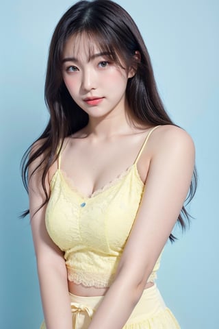 19 years old female,pure face,slight smile,studio light,yellow lace camisole,revealing,upper body,blue pastel background,1 girl,yuzu