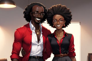 smile, black hair, shirt, dress, 2women, jewelry, 1man, necktie, glasses, belt, pants, indoors, dark skin, necklace, black dress, dark-skinned female, facial hair, parody, dark-skinned male, dark-skinned female, red shirt, white pants, red jacket, bald, very dark skin, bald head, afro