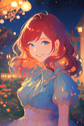 (masterpiece fairytale impressionism, best quality, night:1.3), upper body, peach skin, mature female, smile, wavy hair, red hair, blue eyes, elegant dress, Anitoon, portrait, rgbcolor,