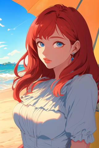 (masterpiece modern, best quality, day:1.4), whole body, long shot, peach skin, mature female, looking at viewer, long hair, red hair, blue eyes, elegant dress, beach background, sunny day,Anitoon, portrait, rgbcolor,