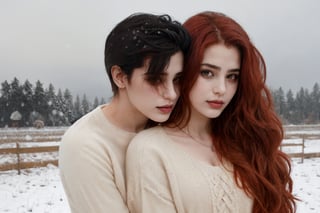 A couple doing couple , 1boy(black hair),1gir(red hair),hugging, couple_hugging, romance_mood, romantic_theme, sensual_mood,couple_(romantic), sexy_clothes, snowfall, ,open chest sweater,3DMM, 4k render, high_resolution, beautiful_scenery, cinematics, best_lighting, best_perspective, full_body, full-body_portrait,Indian,Btflindngds,AliceWonderlandWaifu,girl red long hair, distinction between two bodies, good posture, 