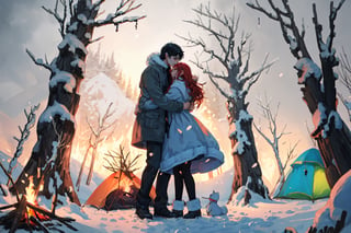 A couple doing couple dance in front the campfire with a litle boy playing, camping, winter_clothes, winter, cold, hugging, couple_hugging, romance_mood, romantic_theme, sensual_mood,couple_(romantic), sexy_clothes, snowfall, ,open chest sweater,3DMM, 4k render, high_resolution, beautiful_scenery, cinematics, best_lighting, best_perspective, full_body, full-body_portrait,Indian,Btflindngds,AliceWonderlandWaifu, red long hair, distinction between two bodies, good posture, 