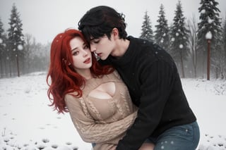 A couple doing couple , 1boy(black hair),1gir(red hair),hugging, couple_hugging, romance_mood, romantic_theme, sensual_mood,couple_(romantic), sexy_clothes, snowfall, ,open chest sweater,3DMM, 4k render, high_resolution, beautiful_scenery, cinematics, best_lighting, best_perspective, full_body, full-body_portrait,Indian,Btflindngds,AliceWonderlandWaifu,girl red long hair, distinction between two bodies, good posture, 