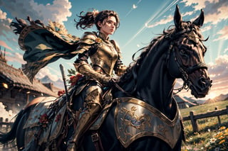 (4k), (masterpiece), (best quality),(extremely intricate), (realistic), (sharp focus), (cinematic lighting), (extremely detailed),

A girl knight in plate armor rides a black stallion through a battlefield.The sun is shining brightly behind her, casting a golden glow over the scene.

,flower4rmor, flower warrior armor,Flower