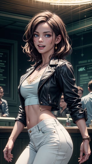 (4k), (masterpiece), (best quality),(extremely intricate), (realistic), (sharp focus), (cinematic lighting), (extremely detailed), 

A girl with dakr hair dancing among the stars. She is wearing a white top with blue jeans and black leather jacket and has a joyful expression on her face. Carribean pirate tavern background. ,hackedtech