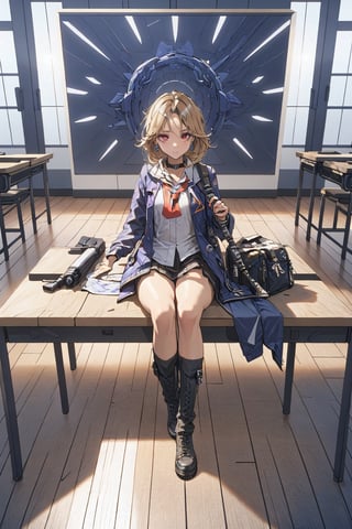 1girl, School Girl, Red Eyes, Long Dark Blond Hair, Black Collar, Earring, Loose White Shirt , Loose Violet Jacket , Red Necktie, Uniform Short Skirt, Kneesock , Black Thick Boot , School Bag, Left Leg Bag, Funnel, Remote Weapon, Sitting on table, Schoolground, Class Room, Sunset, Dawn, ((Best quality)), ((masterpiece)), 3D, HDR (High Dynamic Range),Ray Tracing, NVIDIA RTX, Super-Resolution, Unreal 5,Subsurface scattering, PBR Texturing, Post-processing, Anisotropic Filtering, Depth-of-field, Maximum clarity and sharpness, Multi-layered textures, Albedo and Specular maps, Surface shading, Accurate simulation of light-material interaction, Perfect proportions, Octane Render, Two-tone lighting, Wide aperture, Low ISO, White balance, Rule of thirds,8K RAW, Aura, masterpiece, best quality, Mysterious expression, magical effects like sparkles or energy, flowing robes or enchanting attire, mechanic creatures or mystical background, rim lighting, side lighting, cinematic light, ultra high res, 8k uhd, film grain, best shadow, delicate, RAW, light particles, detailed skin texture, detailed cloth texture, beautiful face, (masterpiece), best quality, expressive eyes, perfect face,