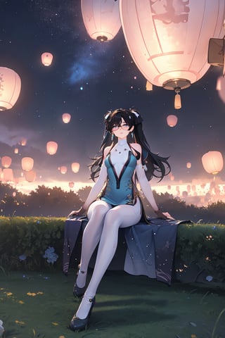 1girl, Zhenzhi, Black Hair, Long Twintail hairstyle, Twin White Ribbon on Hair ,Glasses, Pink Eyes, Chinese Dress, Bare shoulder, white Arm lenght skintight , More detail , glitter, highres, shiny ,gloves ,Fullbody white leg stocking, black shoe ,  sit on the floor with legs tucked back to one side on grass, Crowd peple as background , Mountain Range , Slope Area , Event Festival, Lantern , Kongming Latern , Sky lantern festival, Old Chinese Building ,Night Time , Full Moon Sky , ((Best quality)), ((masterpiece)), 3D, HDR (High Dynamic Range),Ray Tracing, NVIDIA RTX, Super-Resolution, Unreal 5,Subsurface scattering, PBR Texturing, Post-processing, Anisotropic Filtering, Depth-of-field, Maximum clarity and sharpness, Multi-layered textures, Albedo and Specular maps, Surface shading, Accurate simulation of light-material interaction, Perfect proportions, Octane Render, Two-tone lighting, Wide aperture, Low ISO, White balance, Rule of thirds,8K RAW, Aura, masterpiece, best quality, Mysterious expression, magical effects like sparkles or energy, flowing robes or enchanting attire, mechanic creatures or mystical background, rim lighting, side lighting, cinematic light, ultra high res, 8k uhd, film grain, best shadow, delicate, RAW, light particles, detailed skin texture, detailed cloth texture, beautiful face, (masterpiece), best quality, expressive eyes, perfect face,