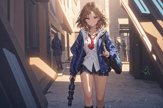 1girl, School Girl, Red Eyes, Long Dark Blond Hair, Black Collar, Earring, White Shirt , Dark Blue Jacket , Red Necktie, Uniform Short Skirt, Kneesock , Black Thick Boot , School Bag, Left Leg Bag, Funnel, Remote Weapon, Walking in the market, City, Cafe , Night Time, ((Best quality)), ((masterpiece)), 3D, HDR (High Dynamic Range),Ray Tracing, NVIDIA RTX, Super-Resolution, Unreal 5,Subsurface scattering, PBR Texturing, Post-processing, Anisotropic Filtering, Depth-of-field, Maximum clarity and sharpness, Multi-layered textures, Albedo and Specular maps, Surface shading, Accurate simulation of light-material interaction, Perfect proportions, Octane Render, Two-tone lighting, Wide aperture, Low ISO, White balance, Rule of thirds,8K RAW, Aura, masterpiece, best quality, Mysterious expression, magical effects like sparkles or energy, flowing robes or enchanting attire, mechanic creatures or mystical background, rim lighting, side lighting, cinematic light, ultra high res, 8k uhd, film grain, best shadow, delicate, RAW, light particles, detailed skin texture, detailed cloth texture, beautiful face, (masterpiece), best quality, expressive eyes, perfect face,