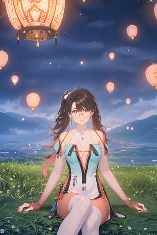 1girl, Zhenzhi, Black Hair, Long Twintail hairstyle, Twin White Ribbon on Hair ,Glasses, Pink Eyes, Chinese Dress, Bare shoulder, white Arm lenght skintight , More detail , glitter, highres, shiny ,gloves ,Fullbody white leg stocking, black shoe ,  sit on the floor with legs tucked back to one side on grass, Crowd peple as background , Mountain Range , Slope Area , Event Festival, Lantern , Kongming Latern , Sky lantern festival, Old Chinese Building ,Night Time , Full Moon Sky , ((Best quality)), ((masterpiece)), 3D, HDR (High Dynamic Range),Ray Tracing, NVIDIA RTX, Super-Resolution, Unreal 5,Subsurface scattering, PBR Texturing, Post-processing, Anisotropic Filtering, Depth-of-field, Maximum clarity and sharpness, Multi-layered textures, Albedo and Specular maps, Surface shading, Accurate simulation of light-material interaction, Perfect proportions, Octane Render, Two-tone lighting, Wide aperture, Low ISO, White balance, Rule of thirds,8K RAW, Aura, masterpiece, best quality, Mysterious expression, magical effects like sparkles or energy, flowing robes or enchanting attire, mechanic creatures or mystical background, rim lighting, side lighting, cinematic light, ultra high res, 8k uhd, film grain, best shadow, delicate, RAW, light particles, detailed skin texture, detailed cloth texture, beautiful face, (masterpiece), best quality, expressive eyes, perfect face,