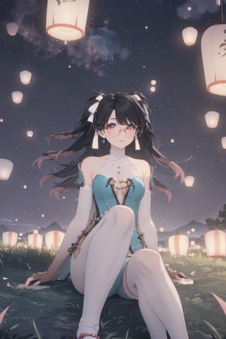 1girl, Zhenzhi, Black Hair, Long Twintail hairstyle, Twin White Ribbon on Hair ,Glasses, Pink Eyes, Chinese Dress, Bare shoulder, white Arm lenght skintight , More detail , glitter, highres, shiny ,gloves ,Fullbody white leg stocking, black shoe ,  sit on the floor with legs tucked back to one side on grass, Crowd peple as background , Mountain Range , Slope Area , Event Festival, Lantern , Kongming Latern , Sky lantern festival, Old Chinese Building ,Night Time , Full Moon Sky , ((Best quality)), ((masterpiece)), 3D, HDR (High Dynamic Range),Ray Tracing, NVIDIA RTX, Super-Resolution, Unreal 5,Subsurface scattering, PBR Texturing, Post-processing, Anisotropic Filtering, Depth-of-field, Maximum clarity and sharpness, Multi-layered textures, Albedo and Specular maps, Surface shading, Accurate simulation of light-material interaction, Perfect proportions, Octane Render, Two-tone lighting, Wide aperture, Low ISO, White balance, Rule of thirds,8K RAW, Aura, masterpiece, best quality, Mysterious expression, magical effects like sparkles or energy, flowing robes or enchanting attire, mechanic creatures or mystical background, rim lighting, side lighting, cinematic light, ultra high res, 8k uhd, film grain, best shadow, delicate, RAW, light particles, detailed skin texture, detailed cloth texture, beautiful face, (masterpiece), best quality, expressive eyes, perfect face,