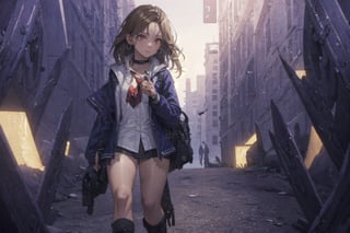 1girl, School Girl, Red Eyes, Long Dark Blond Hair, Black Collar, Earring, White Shirt , Dark Blue Jacket , Red Necktie, Uniform Short Skirt, Kneesock , Black Thick Boot , School Bag, Left Leg Bag, Funnel, Remote Weapon, Walking in the market, City, Cafe , Night Time, ((Best quality)), ((masterpiece)), 3D, HDR (High Dynamic Range),Ray Tracing, NVIDIA RTX, Super-Resolution, Unreal 5,Subsurface scattering, PBR Texturing, Post-processing, Anisotropic Filtering, Depth-of-field, Maximum clarity and sharpness, Multi-layered textures, Albedo and Specular maps, Surface shading, Accurate simulation of light-material interaction, Perfect proportions, Octane Render, Two-tone lighting, Wide aperture, Low ISO, White balance, Rule of thirds,8K RAW, Aura, masterpiece, best quality, Mysterious expression, magical effects like sparkles or energy, flowing robes or enchanting attire, mechanic creatures or mystical background, rim lighting, side lighting, cinematic light, ultra high res, 8k uhd, film grain, best shadow, delicate, RAW, light particles, detailed skin texture, detailed cloth texture, beautiful face, (masterpiece), best quality, expressive eyes, perfect face,