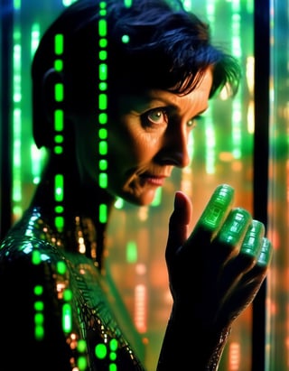 Cinematic photo full body, [:(1 woman glitching, falling green matrix code glyphs, shattering skin, computer glitch effect:2.1):0.15] cyberpunk Trinity (Matrix), Carrie-Anne Moss, short hair, inside a telephone call box , (facing the viewer:1.3), (right hand to the viewer against the glass:5), (left hand holding corded telephone receiver next to ear:2.0) . 35mm photograph, film, bokeh, professional, 4k, highly detailed . 35mm photograph, film, bokeh, professional, 4k, highly detailed