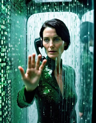 Cinematic photo full body, [:(1 woman glitching, falling green matrix code glyphs, shattering skin, computer glitch effect:2.1):0.15] cyberpunk Trinity (Matrix), Carrie-Anne Moss, short hair, inside a telephone call box , (facing the viewer:1.3), (right hand to the viewer against the glass:5), (left hand holding corded telephone receiver next to ear:2.0) . 35mm photograph, film, bokeh, professional, 4k, highly detailed . 35mm photograph, film, bokeh, professional, 4k, highly detailed