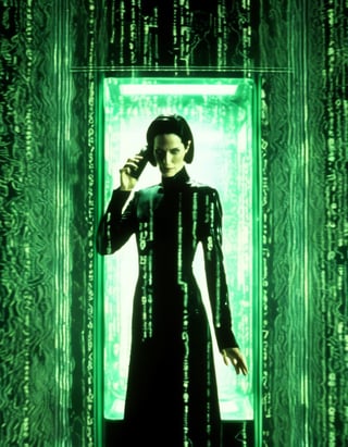 Cinematic Film Still. Carrie-Anne Moss as Trinity from The Matrix, holding a phone, inside a telephone call box,  falling green matrix code glyphs reflection on glass,  computer glitch effect