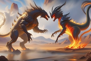 Fantasy painting of two mythical creatures fighting in a desert oasis. One is made of flaming fire. The other is made of fluid water. Steam is between them.