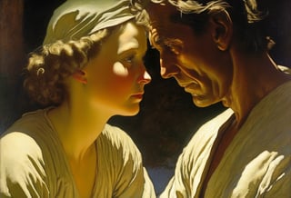 Art by N.C. Wyeth. Closeup of a couple staring intensely at each other.