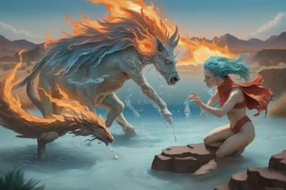 Fantasy painting of two mythical creatures fighting in a desert oasis.  One  is made of flaming fire.  The other is made of fluid water. Steam is between them.