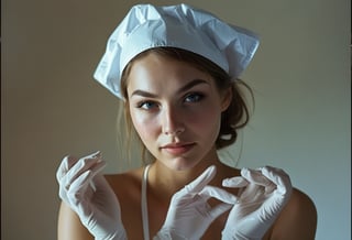 Photo of sexy nurse, putting on rubber gloves, perfect detailed eyes, natural skin, hard shadows, film grain