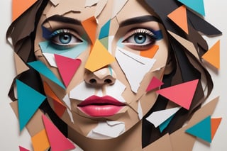 An abstract representation of a woman's face, with geometric shapes and torn, colorful paper, focusing on her vivid eyes.