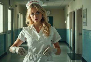 Closeup Photo of a blonde model dressed as a sexy nurse, pulling on rubber gloves at a hospital, shadows