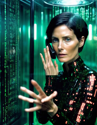 Cinematic photo full body, [:(1 woman glitching, falling green matrix code glyphs, shattering skin, computer glitch effect:2.1):0.15] cyberpunk Trinity (Matrix), Carrie-Anne Moss, short hair, inside a telephone call box , (facing the viewer:1.3), (right hand to the viewer against the glass:5), (left hand holding corded telephone receiver next to ear:2.0) . 35mm photograph, film, bokeh, professional, 4k, highly detailed . 35mm photograph, film, bokeh, professional, 4k, highly detailed