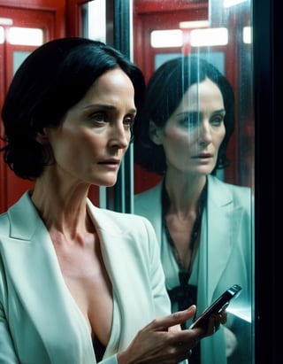 Cinematic Film Still. Carrie-Anne Moss as Trinity holding a phone, inside a telephone booth, reflection on glass