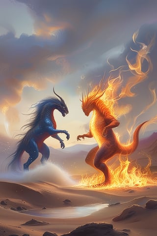 Fantasy painting of two mythical creatures fighting in a desert oasis. One is made of flaming fire. The other is made of fluid water. Steam is between them.