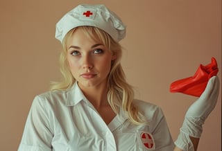 Photo of a blonde model dressed as a sexy nurse, putting on rubber gloves, perfect detailed eyes, natural skin, hard shadows, film grain