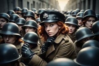 selfie, fine art photo, glamour shot, (designed by Chris Friel:0.8), photograph, crowded street, stylized, (Woman:1.3), Resting on a diagonal, the Woman has Chestnut hairstyle, Gloves, inside a Trench, Light, Heterotype, Sony A7, 800mm lens, vibrant, colorful, dramatic, epic atmosphere, theatrical, badge, Stahlhelm